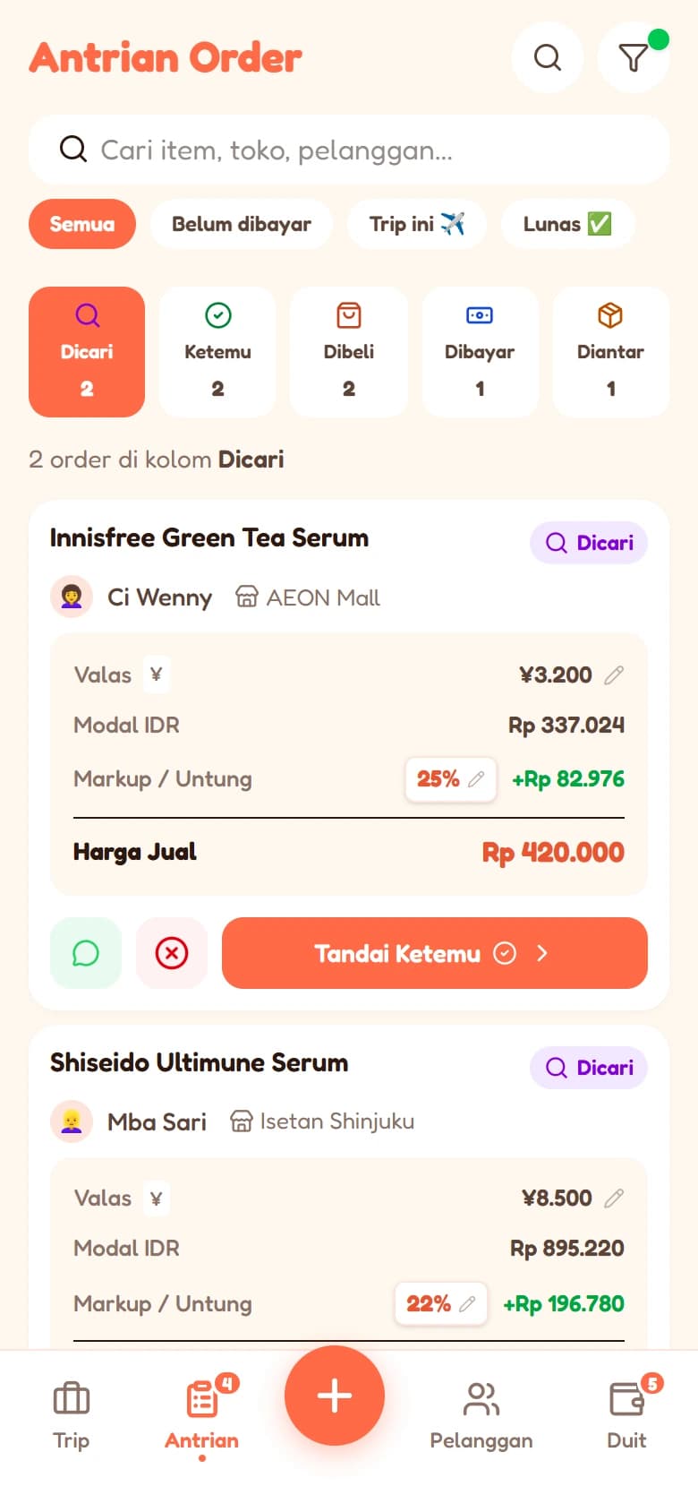 Screenshot aplikasi Jastip Kilat: Antrian pesanan, menggunakan data demo