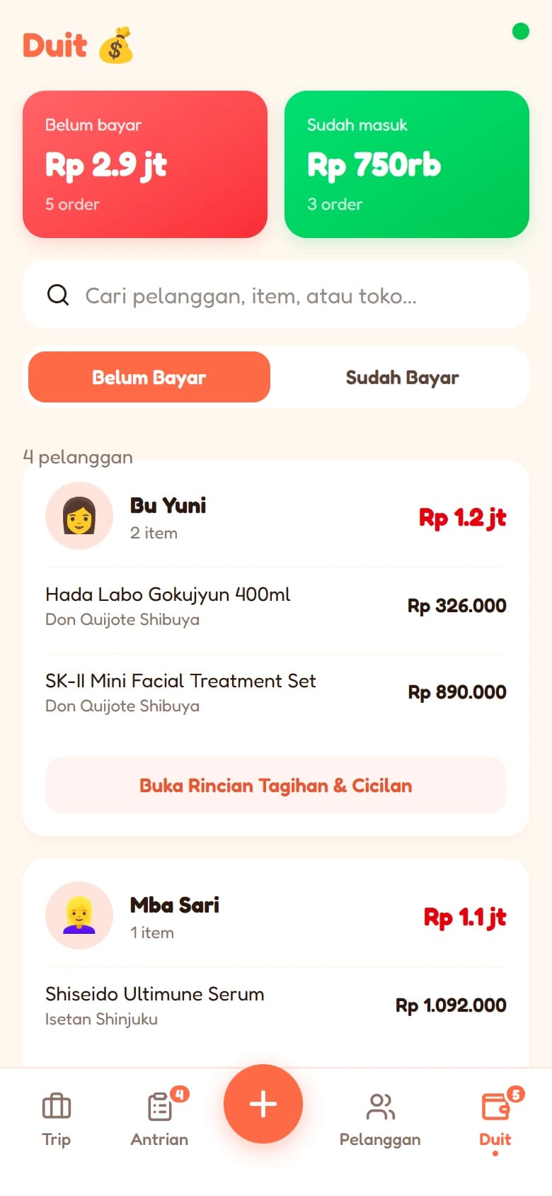 Screenshot aplikasi Jastip Kilat: Catatan keuangan, menggunakan data demo